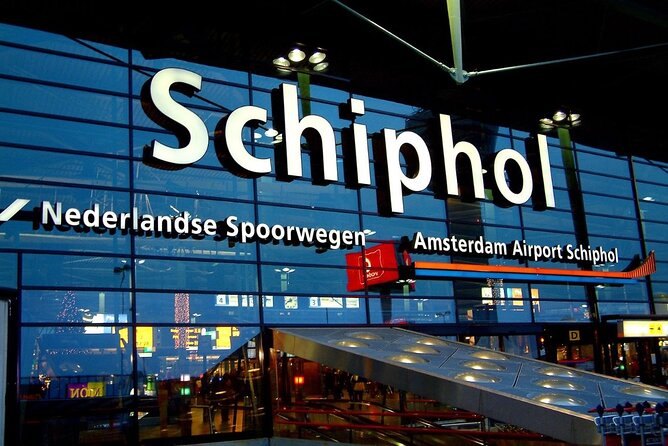 The Schiphol sign over the station entrance inside Amsterdam Airport Schiphol