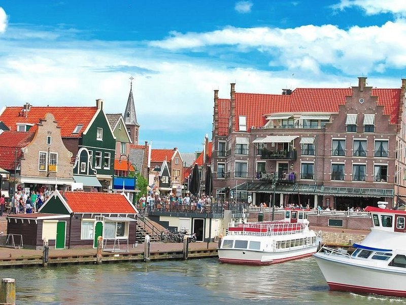 The waterfront and moored boats at Volendam harbour